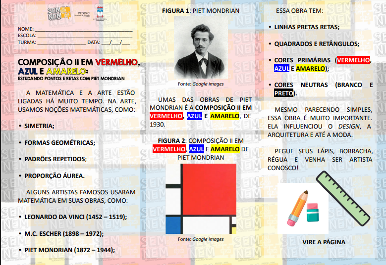 Composição II em vermelho, azul e amarelo: estudando pontos e retas com Piet Mondrian